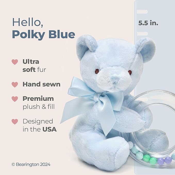 Bearington Collection Baby Polky Blue Plush Stuffed Animal Teddy Bear Shaker Toy Ring Rattle, 5" - Baby Boy Toys - Stuffed Animal for Kids