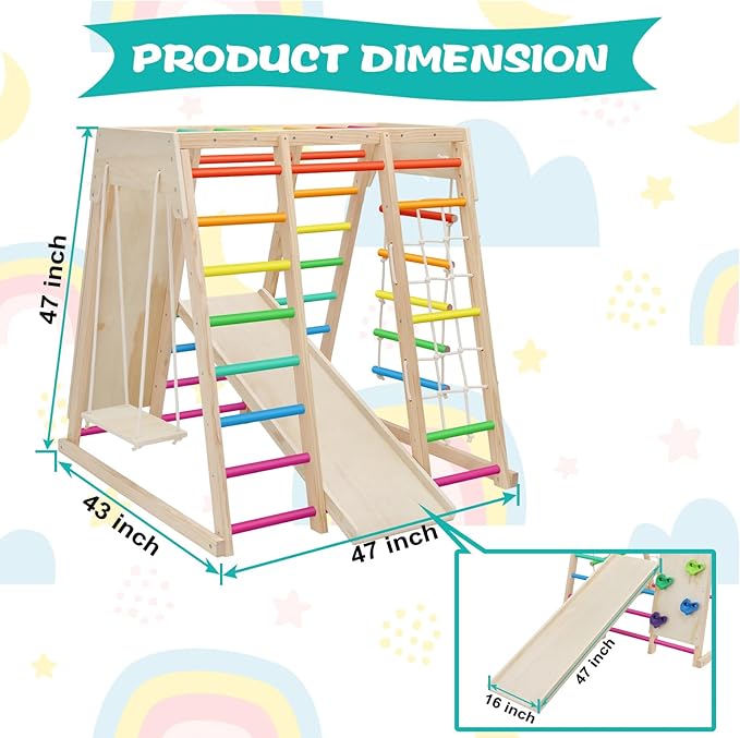 EDOSTORY 7 in 1 Pikler Indoor Playground Jungle Gym Playset, Wooden Montessori Climber with Slide, Rock Climb Wall, Monkey Bars, Rope Ladder, Climbing Rope and Swing for Kids（Rainbow）