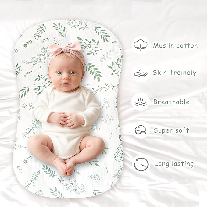 Hooyax Muslin Baby Lounger Cover 2 Pack - 100% Breathable Cotton Soft Infant Lounger Covers, Fits Most Standard Newborn Loungers & Pillows (Green Checker+Leaf)