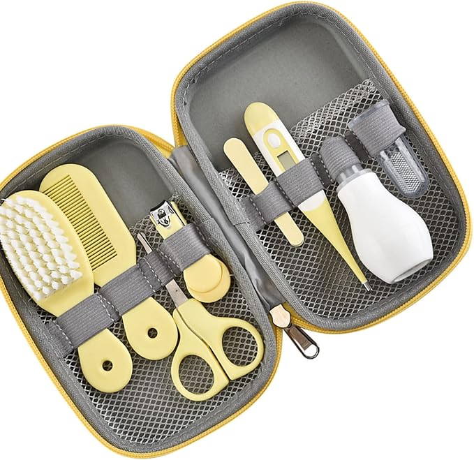 Pilipane 8 in 1 Baby Grooming Kit, Infant Healthcare & Safety Set with Hair Brush, Nail Clipper, Nasal Aspirator, Finger Toothbrush, Scissors - Newborn Essentials for Baby Care (Yellow)