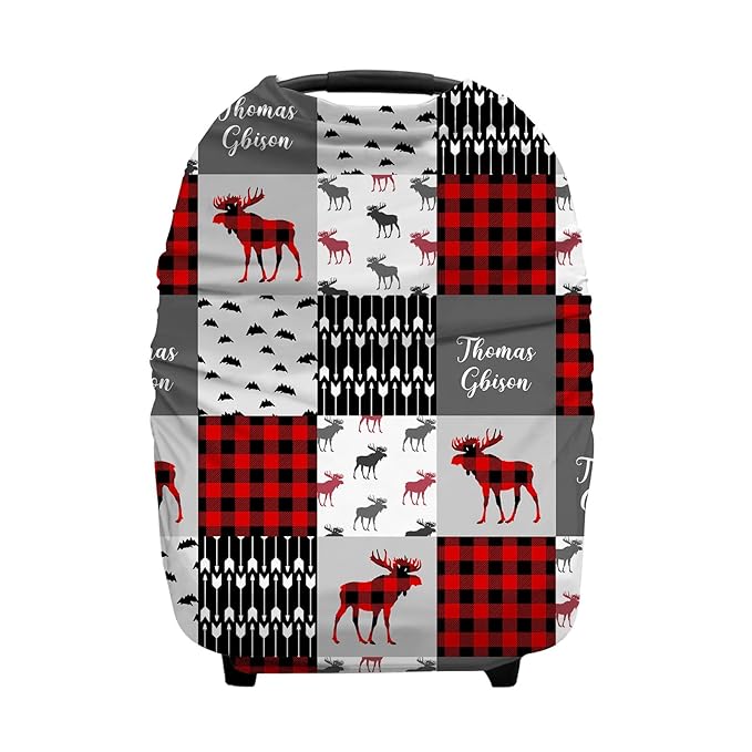 Personalized Baby Car Seat Cover for Boys Girls, Custom Nursing Covers for Breastfeeding with Name, Infant Stroller Cover, Baby Carseat Canopy for Newborn, Multiuse Car Seat Canopies, Red Plaid Deer
