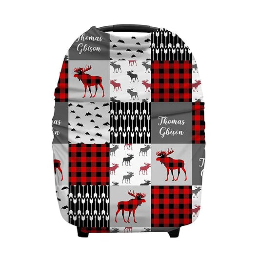 Personalized Baby Car Seat Cover for Boys Girls, Custom Nursing Covers for Breastfeeding with Name, Infant Stroller Cover, Baby Carseat Canopy for Newborn, Multiuse Car Seat Canopies, Red Plaid Deer