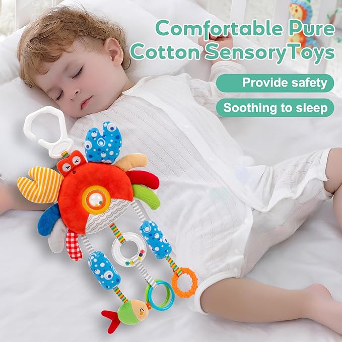 Crab Wind Chime Baby Car Seat Toy - Plush Stroller & Crib Hanging Toy with Teether, Squeaker, Portable Clip, Colorful Clear Rings for Sensory & Cognitive Development Hanging Toys