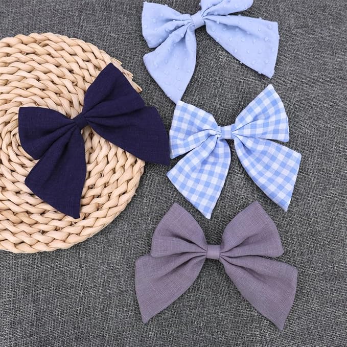 4 PCS Sailor Bow Hair Clips for Kids Girls Women Linen cotton Hair Bow Alligator Clips Baby Toddler Girl Mom Hair Accessories (Blue/Grey)