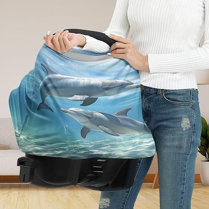 ZFRXIGN Dolphin Baby Car Seat Cover Blue Ocean Theme Nursing Cover for Girls Soft Infant Carseat Canopy,Shopping Cart/High Chair/Stroller Covers, Baby Shower Gifts