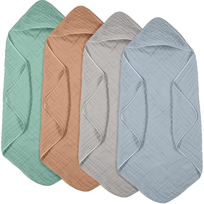Peryiter 4 Pcs Muslin Hooded Baby Towels 32 x 32 Inch Cotton Newborn Bath Essentials Muslin Infant Blankets Absorbent Registry Gifts for Girl Boy Kids Baby Shower (Green,Gray,Rust,Blue)