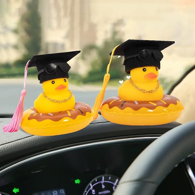 wonuu Car Rubber Duck, Yellow Duck Decoration Dashboard with Sun Hat Swim Ring Necklace Sunglasses for Car Dashboard Decorations, Black Top Hat Pink-Donut