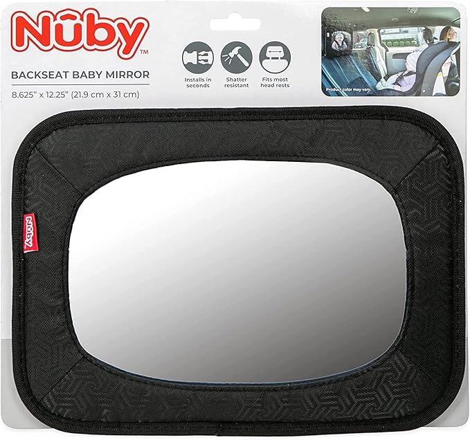 Nuby Car Mirror for Baby - Back Seat Baby Mirror with Fully Adjustable Straps, Shatterproof, Installed in Seconds, Black