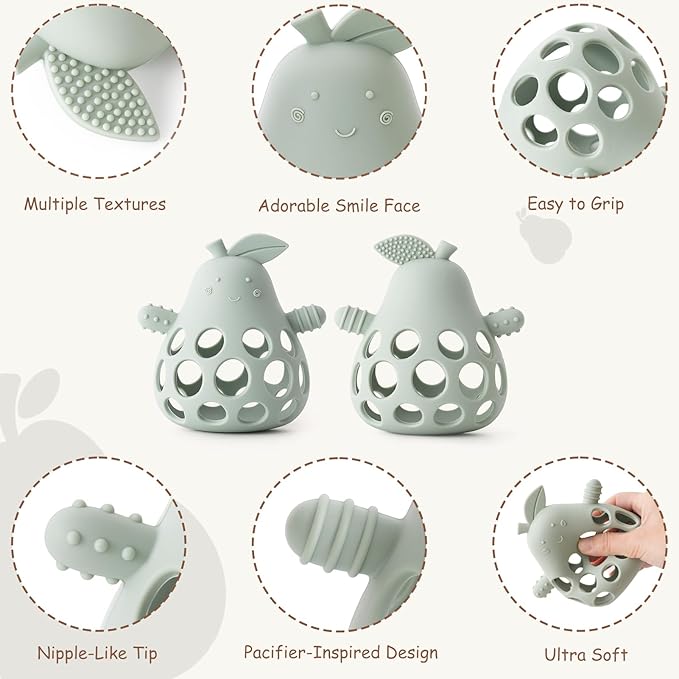Baby Teething Toy Silicone Teether for Infants, Pear-Shaped Design with Easy-Grip Hole and Nipple-Shaped Ends for Gum Massage & Sensory Development, BPA-Free Safe Baby Chew Toy YIVEKO-Ivory+Blue