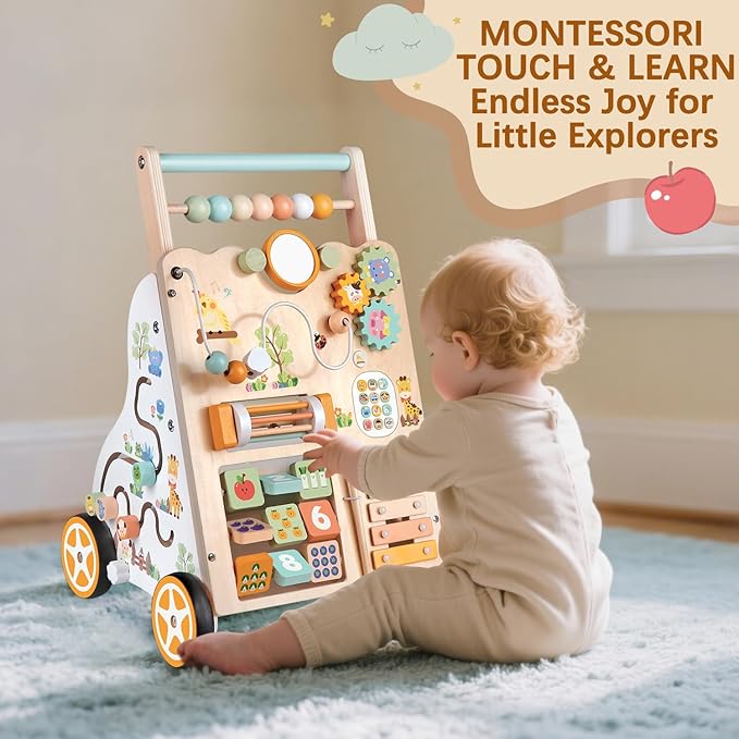 Baby Push Walker, Wooden Baby Walker with Wheels, Montessori Activity Center for 1 2 3 Years Old Boys Girls, Adjustable Speed & Height Push Toy for Toddler Learning to Walk, Kids Development Gift
