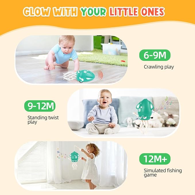 Magic Dancing Octopus Toy, Squid Crawling Toy with LED Light & Music, USB Rechargeable Interactive Baby Toys, Tummy Time Toys for Toddler Boys Girls Birthday (Green)