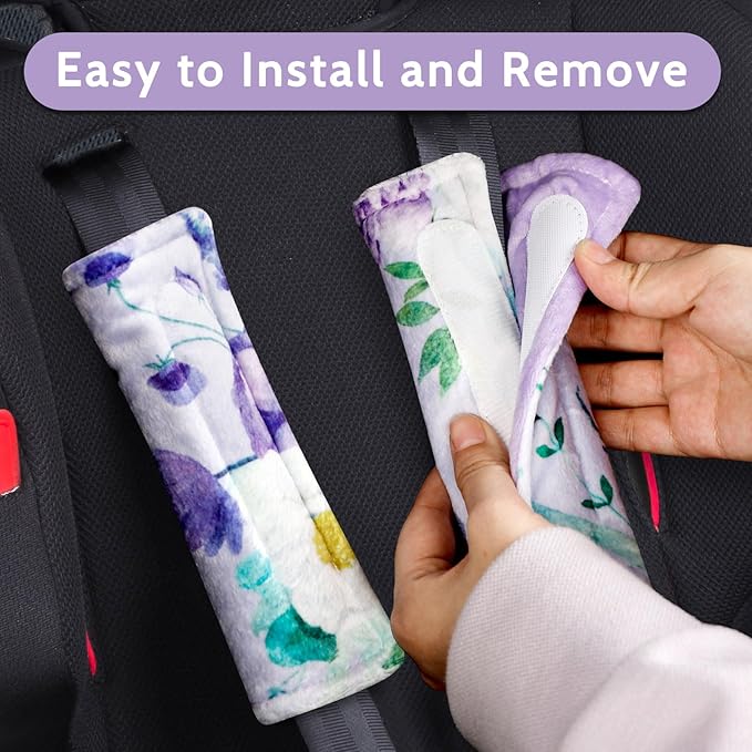 Carseat Strap Covers for Babies, Soft Seatbelt Covers for Kids, Reversible Baby Car Seat Strap Covers, Size: 6.5 x 6.5 inch, for Baby Car Seat, Stroller, Swing, High Chair, Purple Flower