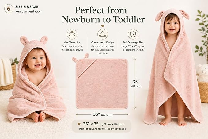 Turkish Organic Cotton Hooded Towels - Heritage Aegean Cotton, Organic Thick Bath Towels for Newborn, (Cozy Bunny, 35×35" — Baby/Toddler Large Size (6 Months–Toddler)) Best New Born Baby Girls Gift