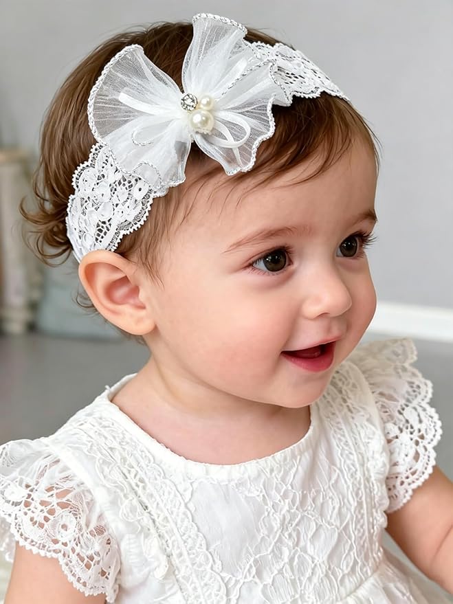 Baby Girls Headband White Bow Lace Headbands Soft Elastic Bowknot Hairbands Cute Hair Accessory for Newborn Kids Infant Toddler Baptism Birthday Party (Wide Lace Flowers)