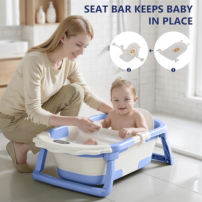 MoreFeel Foldable Baby Bathtub with Thermometer - 4-in-1 Grow-with-Me Collapsible Infant Tub (Newborn to Toddler) with Adjustable Mesh Sling - Space Saving Design