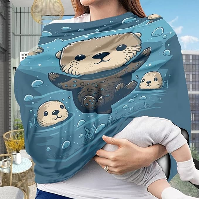 ZFRXIGN Otter Baby Car Seat Cover Animal Canopy Nursing Cover Ups Infant Carseat Cover Canopy Stretchy All Weather Protections Blue Cute Sea Ocean Animal