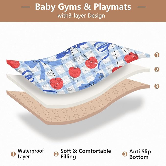 Baby Play Mat Checkered Cherries Bows Blue 50 x 50 Playpen Mat Baby Play Mats for Floor Play Gym Crawling Mat Non-Slip Cushioned Baby Playmat for Infants, Babies, Toddlers