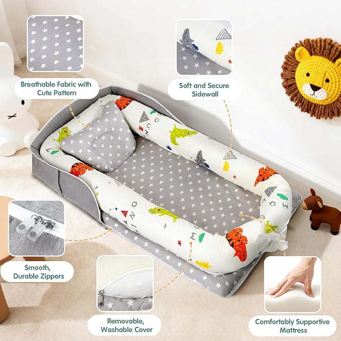 Portable Baby Lounger - Foldable Infant Lounge with Adjustable U-Shaped Bumper & Storage Bag, Breathable Cotton Secure Spot for Supervised Awake-Time Play & Interaction, Crocodile