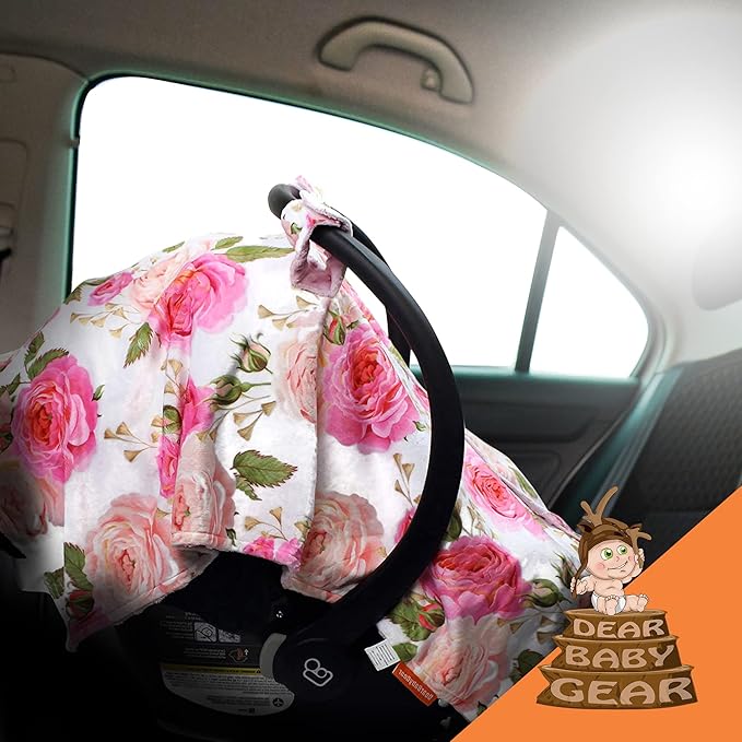 Dear Baby Gear Car Seat Cover for Boys & Girls - Baby Carseat Canopy w/Snap Opening - Infant Seat Cover - Stroller & Nursing Covers - Newborn Carrier Canopy - 40x30 (Pink Rose - Pink Dot)