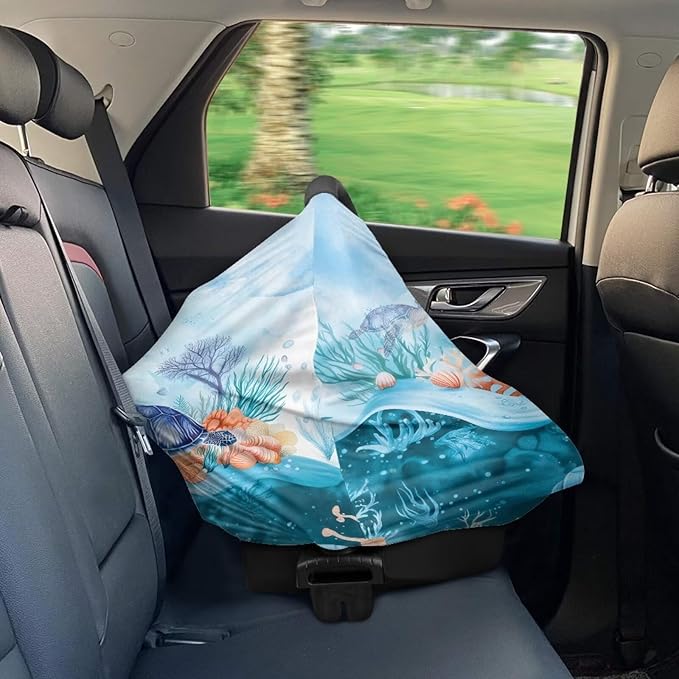 AFPANQZ Sea Turtle Stretchy Baby Car Seat Covers for Boys Girls Baby Car Canopy Warm Breathable Windproof Open Peep Top Universal Fit Lightweight Travel Outdoors Use