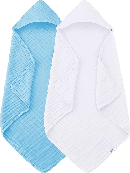 Spotted Play 2 Pack Hooded Baby Towels - 100% Muslin Cotton for Newborns, Infants, Toddlers, and Kids - Large 32x32Inch Size - Highly Absorbent and Essential for Newborn Care, White and Aqua