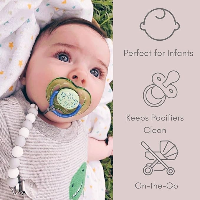 Ali+Oli Silicone Pacifier Clip for Baby (Thin Grey) 100% Food-Grade BPA Free Newborn Pacifier Holder Infant Binky Clip for Baby Boy or Girl