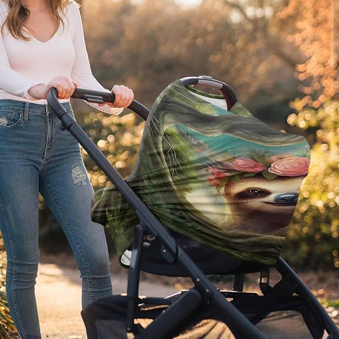 Wanyint Sloth Flower Stretchy Baby Car Seat Covers, Carseat Canopy, Baby Breastfeeding Stroller High Chair Shopping Cart Cover, Multi-Function Nursing Scarf, Infant Stroller Cover