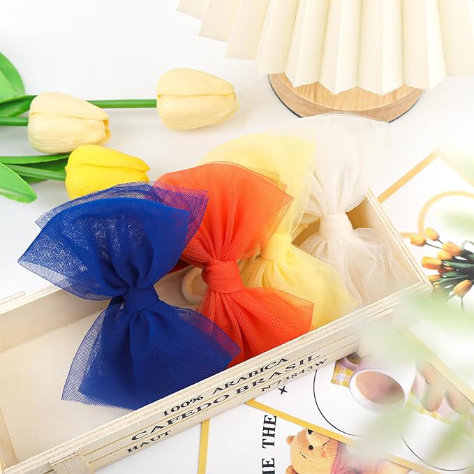 4 Pcs 4.5’’ Organza Lace Bow for Baby Girls Orange Headbands Blue Mesh Hair Bows Baby Shower Gifts for Newborn Infant Toddler Girl