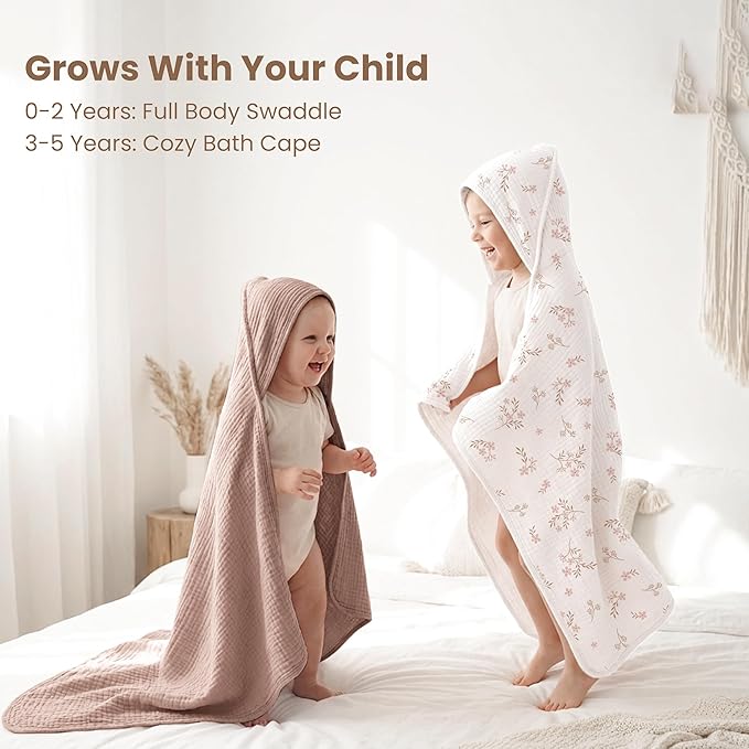 Konssy 2-Pack Muslin Hooded Baby Towels, 100% Cotton, Ultra-Soft & Absorbent Baby Bath Towels with Hood for Newborn & Infant (Taupe,Soft Blooms,32" x 32")