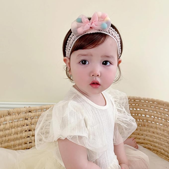 Baby Girls Hairbands Bow Lace Headband Handmade Soft Stretchy Pink Bowknot Hairbands Newborn Hairband with Bows Elastic Hair Bands for Kids Infant(Pink Ball Bow