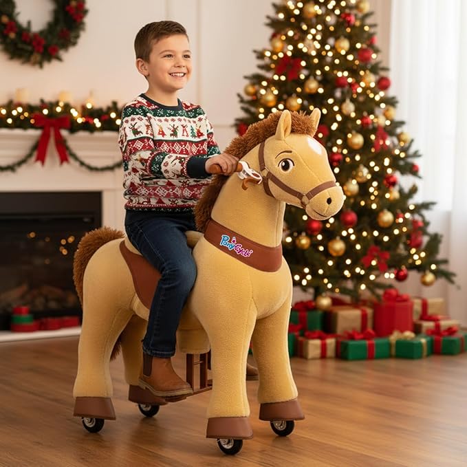 PonyCycle Kids Ride on Horse Toys Plush Interactive Riding Horse Ride for Toddlers 3-4 Walking Rocking Horse with Wheels, No Battery or Electricity, Giddy up Riding Toys Light Brown E336