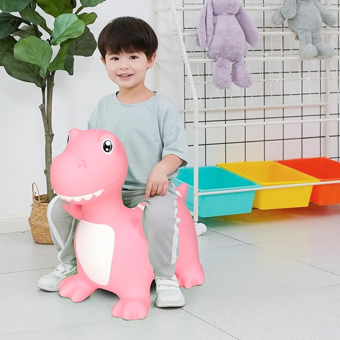 INPANY Bouncy Horse, Dinosaur Hopper Toys, Toddler Bouncing Animal, Dinosaur Party Decorations, Kids Inflatable Ride on Rubber Bouncer, Outdoor Cool Birthday Gift for 2 3 4 Yr Boy Girl Pink