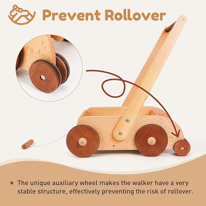 Woodtoe Wooden Baby Walker, Adjustable Speed Anti-Rollover Push Walker Toy for Babies Learning to Walk, Natural Toddler Push and Pull Toys Wagon, Montessori Birthday Toy Gift for Boy Girl 1 2 3 Years
