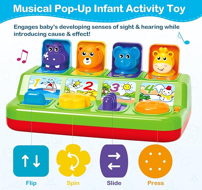 Ellinjan Musical Pop-Up Cause and Effect Toys with Light & Music for 1-3 Year Olds, Baby Interactive Toy with Animal Sounds, Ideal Gifts for Babies Boys Girls