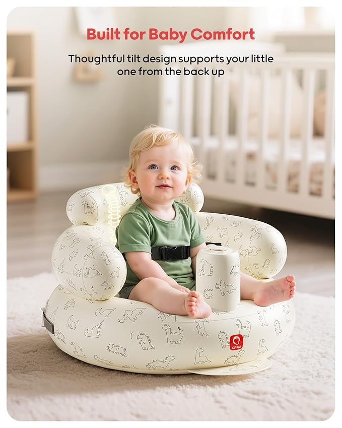 QPAU Inflatable Baby Seat with Safety Harness for Babies 3 Months & Up, Baby Floor Seats for Active Play, Blow Up Baby Chair with Built in Air Pump (Dinosaur)