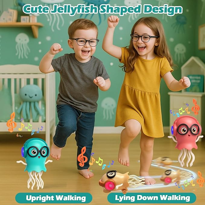 Vodolo Magic Electric Dancing Jellyfish Toy with Led Light and Music,Playful Automatic Steer Crawling Dancing Baby Toy with Smart Tentacle Explorer,Dancing Octopus Toy,Tummy Time Toys,Orange