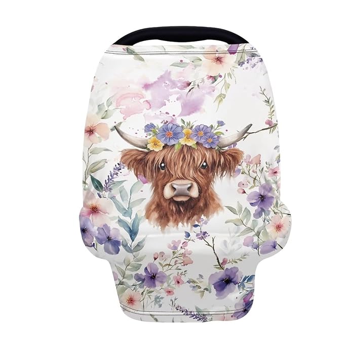 Wanyint Highland Cow Floral Violet Car Seat Covers Baby Car Canopy Shopping Cart Cover Scarf Lightweight Stroller Cover Women Mother Nursing Breastfeeding Covers