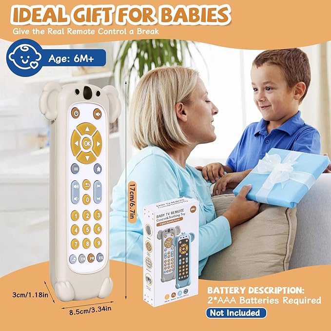 Orzbow Baby Remote Control Toy for 6 Month+ with Silicone Teether Cover, TV Remote Toy with Realistic Light and Sound - English, French and Spanish for Infant Play Remote Musical Toys, BPA Free, White