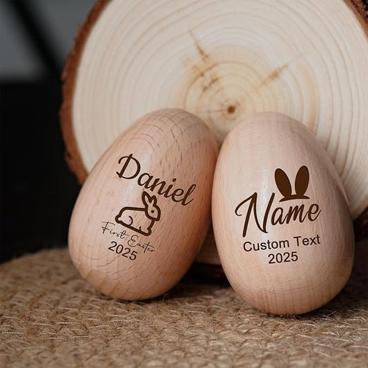 Personalized Musical Easter Egg Shaker 2026, Custom Engraved Wooden Easter Eggs Gifts for Kids Baby (Wood)