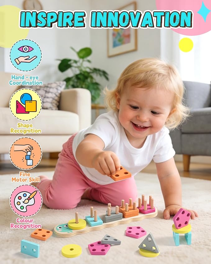 1 Year Old Boy Girl Gifts Montessori Toys for 1 2 Year Old Caterpillar Wooden Shape Sorter Stacking Toys for Toddlers 1-3 Educational Preschool Learning Toy Easter Basket Stuffers Birthday Gift