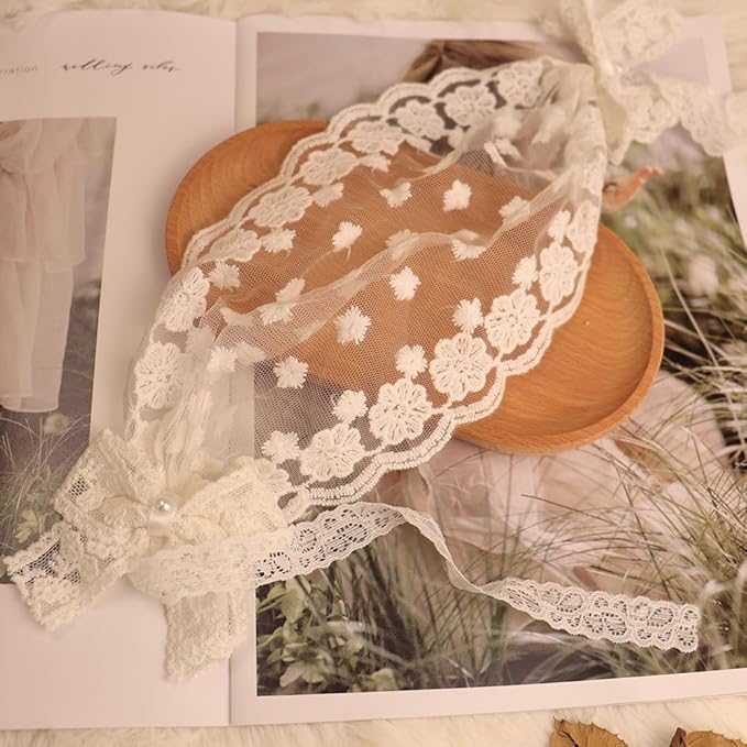 Baby Girls Lacy Bow Headband Soft Breathable Lace Hairband for Toddlers Infant Baptism Christening Beanie Cap Wide Turban Wedding Party Shower Gifts (Style 5)