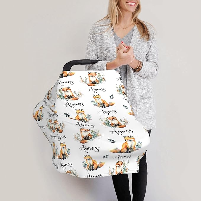 Personalized Fox Baby Car Seat Cover with Name,Multi-Use Canopy for Nursing, Strollers,Shopping Carts,Customized Breastfeeding Cover, Full Privacy,Infant Stroller Cover