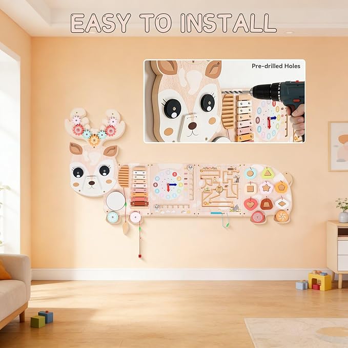 Reindeer Activity Wall Busy Board Panels,12-in-1 Wooden Sensory Wall Panel for Kids, Wooden Montessori Learning Activity Center Sensory Toys for Playroom, Preschool, Daycare, Nursery, Classroom