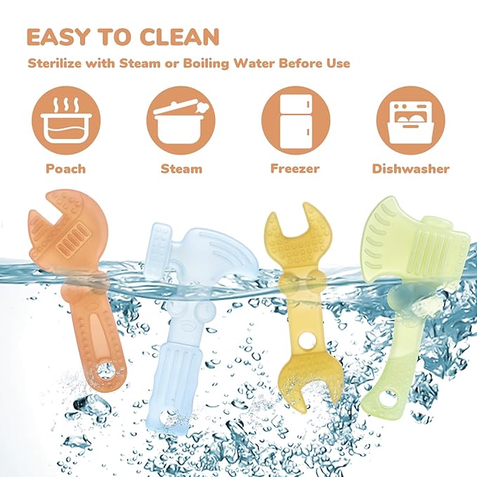 TYRY.HU Baby Teething Toys for Babies 0-6 Months 6-12 Months, BPA Free Silicone Baby Molar Teether Chew Toys, Hammer Wrench Spanner Pliers for Boys Girls, Soft-Textured, Easy to Hold & Clean, 4 Packs