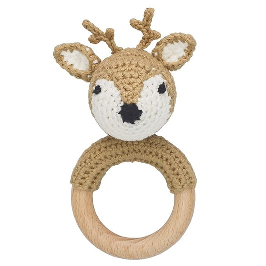Joliecraft Woodland Friends Baby Rattle Shaker Toy with Wooden Teething Ring in White and Tan Deer