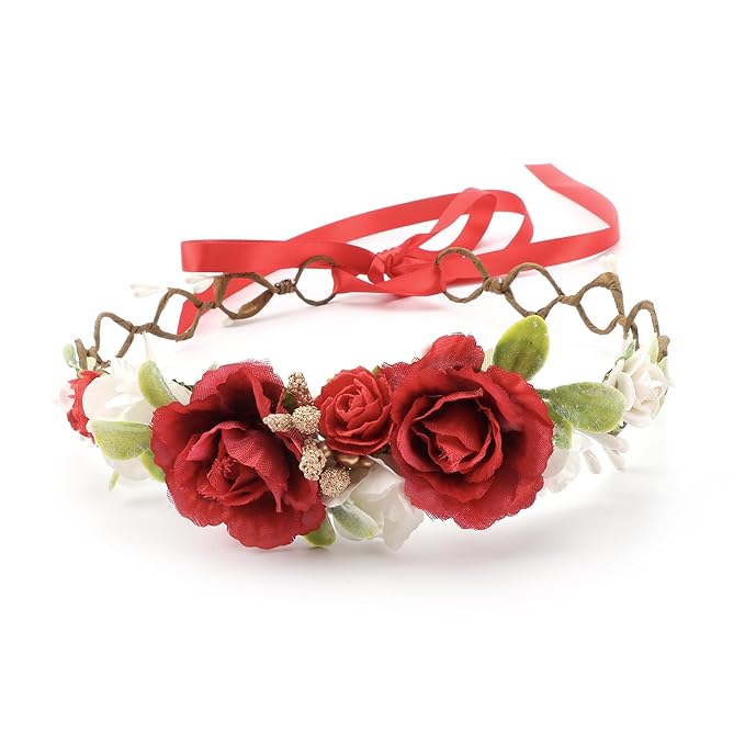 Flower Girl Flower Crown Pink Baby Girls Floral Headpieces Kids Headband Children Hair Wreath Photo Prop (Dark Red-Child Size)