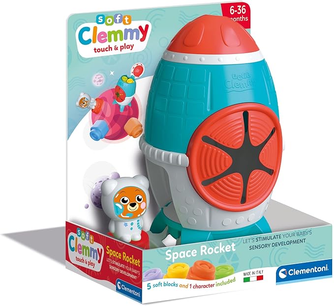 Clementoni- Sensory Rocket: Soft Building Blocks for Babies, Stacking Toy with Cute Astronaut Figure, Early Development & Activity Toy (6+ Months)