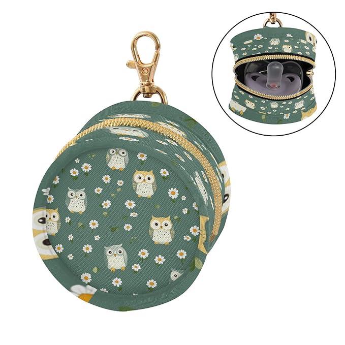 Pacifier Holder with Clip Pacifier Case for Diaper Bag Round Baby Pacifier Pouch Box Bag Portable White Daisy Flower Owls