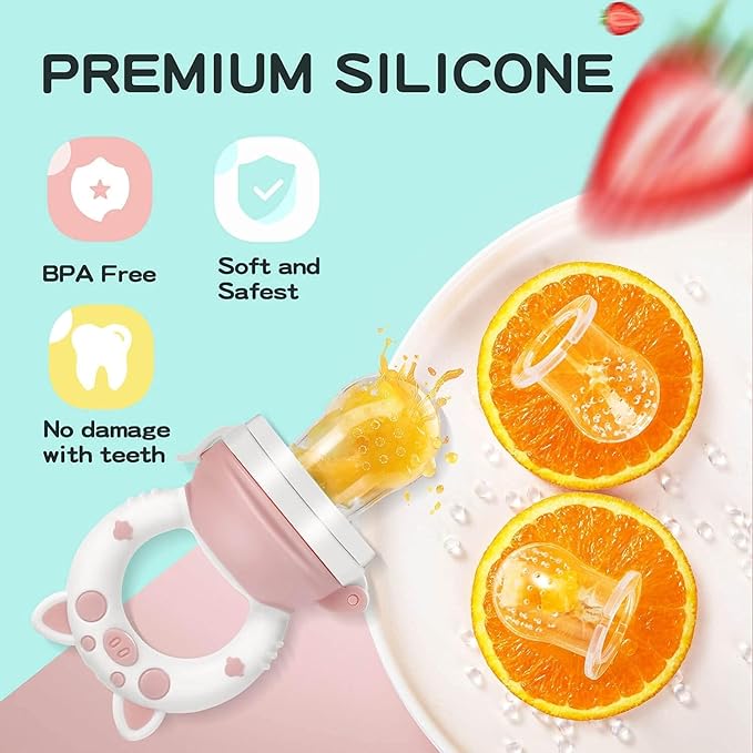 Baby Fruit Food Feeder Pacifier - Fresh Teething Pacifiers, Infant Fruit Teething Teether Toy for 3-24 Months, 6 Pcs Silicone Pouches for Toddlers & Kids & Babies, Piggy Handle 2-Pack (Blue)