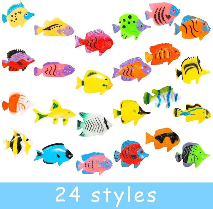 PROLOSO 48 Pcs Toy Fish Tropical Fish Figure Play Set Plastic Sea Animals Themed Party Favors for Kids Toddlers Bath Toys (Style 2)